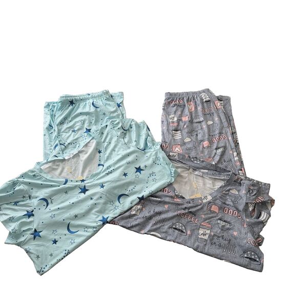 Ekouaer Other - Ekouaer Bundle Of 2 Pajamas Sets Blue Stars/Moon & Coffee Cups Women’s Sz XL NWT